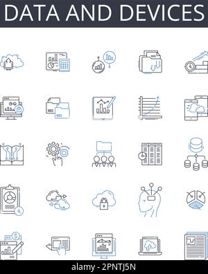 Data and devices line icons collection. Information and gadgets, Stats and tools, Facts and equipment, Figures and instruments, Records and machinery Stock Vector