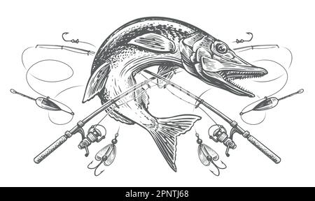 Jumping fish pike and crossed fishing rods with tackle and hooks. Fishing  emblem sketch. Engraving vector illustration Stock Vector Image & Art -  Alamy