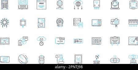 Technological instruments linear icons set. Gadgets, Robotics, Drs, Wearables, Virtuality, Internet, Chips line vector and concept signs. Artificial Stock Vector