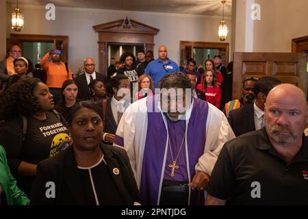 Bishop William Barber leads a march to the Tennessee State Capitol during a ?'Moral Monday?'? rally to address gun violence on April 17, 2023 in Nashville, Tennessee. In the wake of the March shooting at The Covenant School, in the Green Hills neighborhood of Nashville, organizations have mobilized around U.S. Rep ?Justin Jones? (?D-Nashville?), and ?U.S. Rep ?Justin J. Pearson? (??D-Memphis?)? ?who ?have drawn? ?national attention? ?pushing for gun safety laws. (Photo by Michael Nigro/Pacific Press) Stock Photo