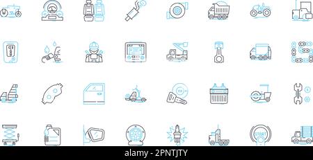 Truck care linear icons set. Maintenance, Oil, Filters, Tires, Brakes, Alignment, Suspension line vector and concept signs. Engine,Transmission,Heavy Stock Vector
