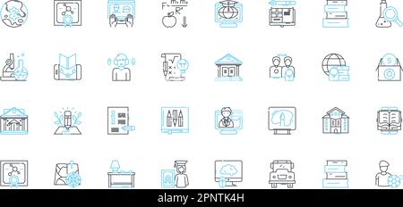 Virtual studying linear icons set. Remote, Online, Digital, Distance, E-learning, Interactive, Engaging line vector and concept signs. Collaborative Stock Vector