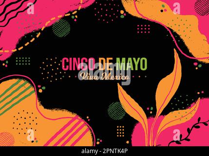 Cinco de Mayo Horizontal Colorful Background vector illustration. May 5 Mexico festival holiday. Floral Folk art and Memphis Neon fusion. Website Stock Vector