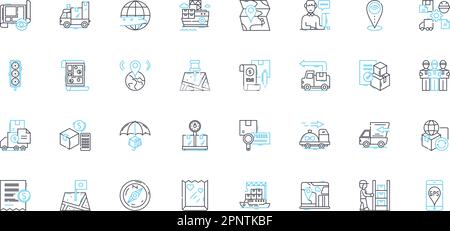 Ocean shore linear icons set. Waves, Sand, Seagulls, Tide, Shells, Beach, Surf line vector and concept signs. Rocks,Cliffs,Spray outline illustrations Stock Vector