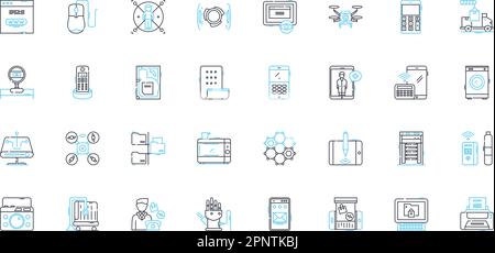 Technological apparatus linear icons set. Smartph, Tablet, Laptop, Desktop, Router, Server, Printer line vector and concept signs. Scanner,Mouse Stock Vector