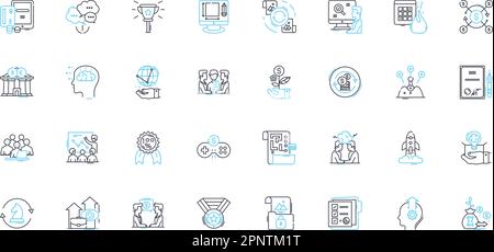 Work environment linear icons set. Productivity, Collaboration, Efficiency, Communication, Culture, Workspace, Ergonomics line vector and concept Stock Vector