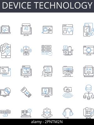 Device technology line icons collection. Communication nerk, Information technology, Surveillance system, Electronic gadget, Computing technology Stock Vector