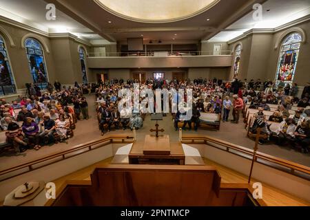 Nashville, Tennessee, USA. 17th Apr, 2023. Gun safety organizations, activists, and students organizers gather at the Mckendree United Methodist Church before marching to the Tennessee State Capitol. join local and national faith during a ?''Moral Monday?''? rally to address gun violence on April 17, 2023, in Nashville, Tennessee. In the wake of the March shooting at The Covenant School, in the Green Hills neighborhood of Nashville, organizations have mobilized around U.S. Rep ?Justin Jones? (?D-Nashville?), and ?U.S. Rep ?Justin J. Pearson? (??D-Memphis?)? ?who ?have drawn? ?nationa Stock Photo