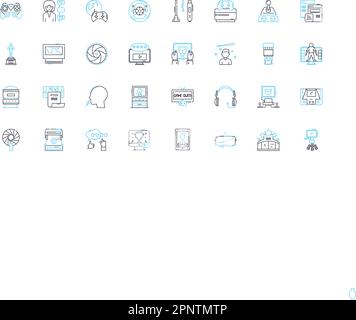 Mobile games linear icons set. Addictive, Entertaining, Thrilling, Challenging, Interactive, Engaging, Colorful line vector and concept signs Stock Vector