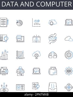 Data and computer line icons collection. Information technology, Electronic device, Web browsing, Digital media, High-speed internet, Cloud storage Stock Vector