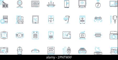 Wireless communication linear icons set. Bluetooth, Wi-Fi, Cellular, Signal, Radio, Nerk, Antenna line vector and concept signs. Modem,Receiver Stock Vector