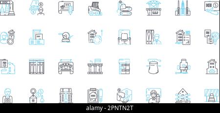 Municipal construction linear icons set. Infrastructure, Development, Urbanization, Planning, Engineering, Building, Reconstruction line vector and Stock Vector