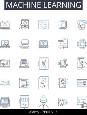 machine learning line icons collection. Artificial Intelligence, Automated Learning, Data Mining, Data Analytics, Deep Learning, Natural Language Stock Vector