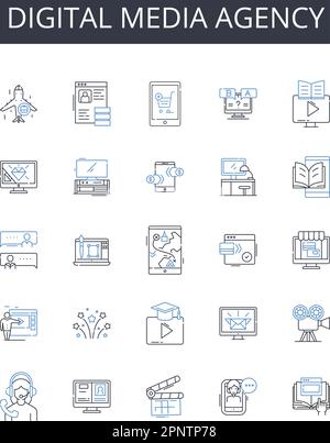 Digital media agency line icons collection. Creative studio, Marketing firm, Design agency, Advertising company, Branding agency, Communications firm Stock Vector