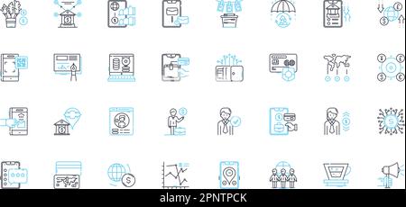 Self-executing contracts linear icons set. Blockchain, Decentralization, Automation, Smart, Immutable, Programmable, Trustless line vector and concept Stock Vector