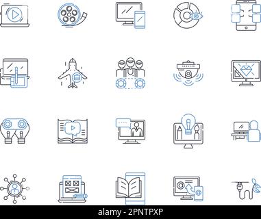 Multimedia corporation line icons collection. Digital, Innovation, Content, Platform, Creative, Entertainment, Technology vector and linear Stock Vector