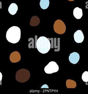 Seamless neutral polka dots pattern. Brown, blue hand-drawn circles on black background. Abstract points ornament. Vector boho dotted illustration for Stock Vector