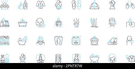 skincare regimen linear icons set. Moisturize, Cleanser, Tr, SPF, Exfoliate, Serum, Hydration line vector and concept signs. Acne,Anti-aging,Retinol Stock Vector