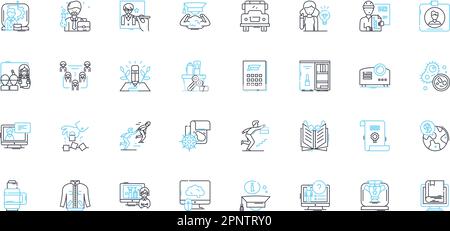 Teaching elements linear icons set. Curriculum, Pedagogy, Classroom, Instruction, Methodology, Assessment, Learning line vector and concept signs Stock Vector