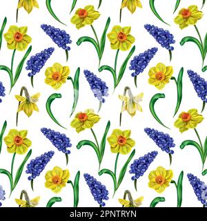 Seamless vector pattern with colorful spring flowers. Yellow daffodils, blue muscari, green leaves. Packaging design, cover, fabric, testille. Stock Vector