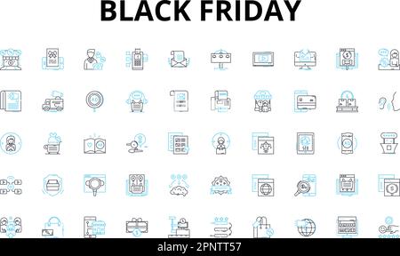 Black friday linear icons set. Deals, Discounts, Bargains, Sales, Shopping, Rush, Excitement vector symbols and line concept signs. Savings,Steals Stock Vector