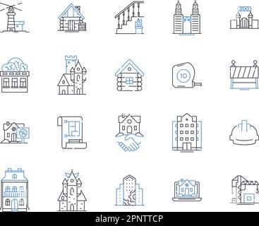 Real estate finance technology line icons collection. Mortgage, Investments, Blockchain, Crowdfunding, Valuations, Analytics, Proptech vector and Stock Vector