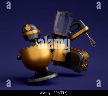 Electric kitchen appliances and utensils for making breakfast on blue Stock Photo