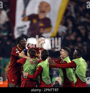 Rome, Italy. April 20, 2023. Tammy Abraham of AS Roma and Lorenzo Pellegrini of AS Roma celebrate the 4-1 draw during the UEFA Europa League quarterfinal match between AS Roma and Feyenoord at Stadio Olimpico Rome on April 20, 2023 in Rome, Italy. ANP MAURICE VAN STONE Stock Photo