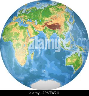 Highly detailed physical World Map in globe shape of Earth. Nicolosi globular projection – 3D. Stock Vector