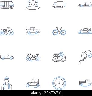 Passenger transport line icons collection. Shuttle, Bus, Taxi, Train, Subway, Tram, Trolleybus vector and linear illustration. Ferry,Airplane Stock Vector