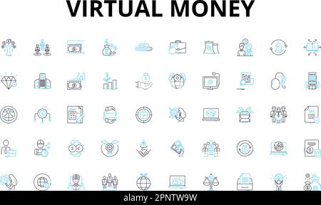 Virtual money linear icons set. Cryptocurrency, Blockchain, Bitcoin, Ethereum, Litecoin, Ripple, Token vector symbols and line concept signs. Digital Stock Vector
