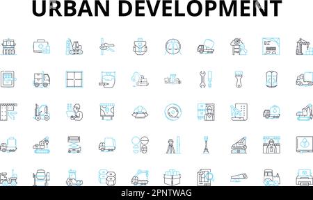 Urban development linear icons set. Gentrification, Redevelopment, Density, Infrastructure, Zoning, Sprawl, Revitalization vector symbols and line Stock Vector