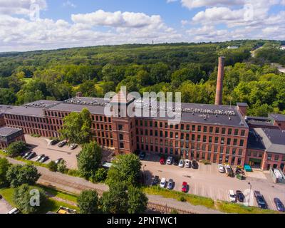 Ashton Mill aerial view at Blackstone River in historic town of Cumberland, Rhode Island RI, USA. Stock Photo