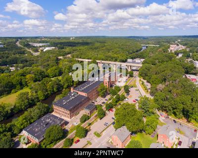 Ashton Mill and George Washington Bridge aerial view at Blackstone River between town of Cumberland and Lincoln, Rhode Island RI, USA. Stock Photo