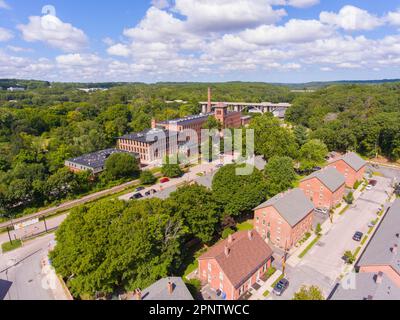 Ashton Mill aerial view at Blackstone River in historic town of Cumberland, Rhode Island RI, USA. Stock Photo