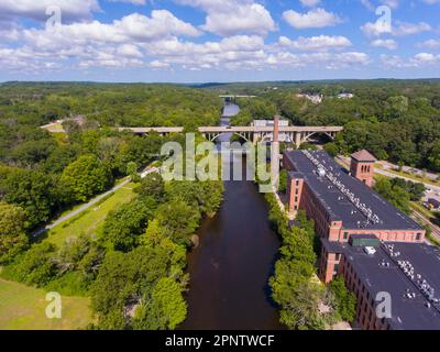 Ashton Mill and George Washington Bridge aerial view at Blackstone River between town of Cumberland and Lincoln, Rhode Island RI, USA. Stock Photo