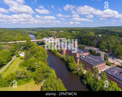 Ashton Mill and George Washington Bridge aerial view at Blackstone River between town of Cumberland and Lincoln, Rhode Island RI, USA. Stock Photo