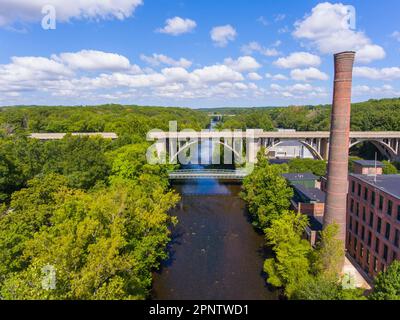 Ashton Mill and George Washington Bridge aerial view at Blackstone River between town of Cumberland and Lincoln, Rhode Island RI, USA. Stock Photo