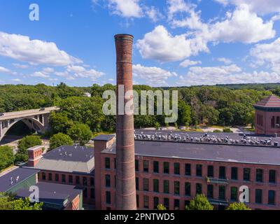 Ashton Mill aerial view at Blackstone River in historic town of Cumberland, Rhode Island RI, USA. Stock Photo