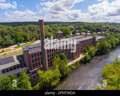 Ashton Mill aerial view at Blackstone River in historic town of Cumberland, Rhode Island RI, USA. Stock Photo