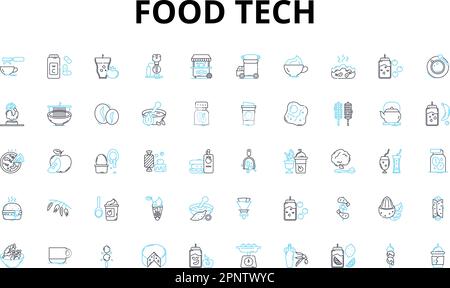 Food tech linear icons set. Automation, Biodegradable, Biosensors, Blockchain, Co-packaging, Cultured, Delivery vector symbols and line concept signs Stock Vector