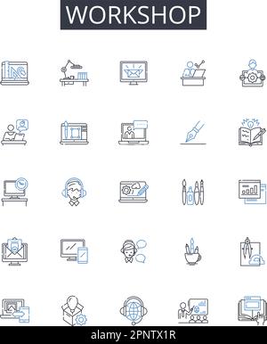 Workshop line icons collection. Mechanism, Gadget, Automation, Equipment, Device, Engine, Robot vector and linear illustration. Appliance,Machinery Stock Vector