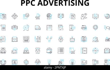 PPC advertising linear icons set. Adwords, Bidding, Campaigns, Clicks, Conversions, Cost-per-click, CTR vector symbols and line concept signs. Display Stock Vector