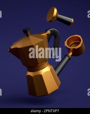 Espresso coffee machine with horn and geyser coffee maker on blue background. Stock Photo