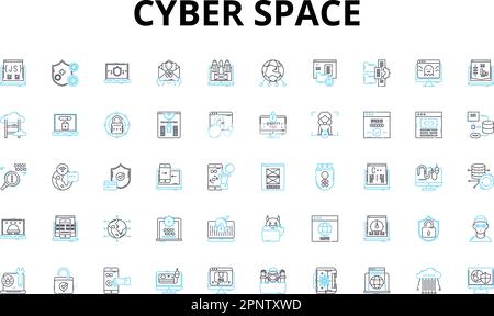 Cyber space linear icons set. Digital, Virtual, Online, Internet, Technology, Connectivity, Cybersecurity vector symbols and line concept signs Stock Vector