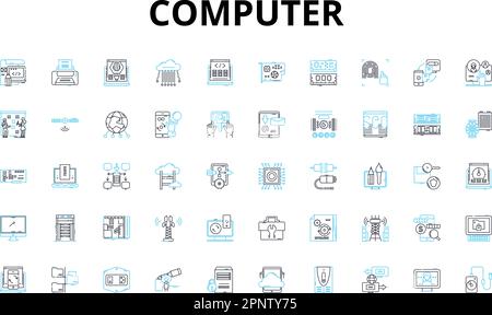 Computer linear icons set. Keyboard, Screen, Mouse, Software, Hardware, Processor, Memory vector symbols and line concept signs. Storage,Internet Stock Vector