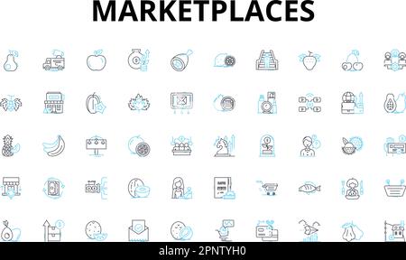 Marketplaces linear icons set. E-commerce, Auctions, Bidding, Trading, Online, Retail, Wholesale vector symbols and line concept signs. Platform Stock Vector