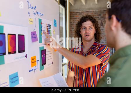 Two caucasian male designers looking at design mock ups and discussing at whiteboard in studio Stock Photo