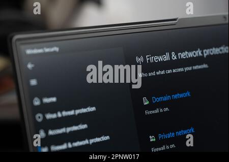New york, USA - April 20, 2023: Firewall and network pretection for windows on laptop screen close up view Stock Photo