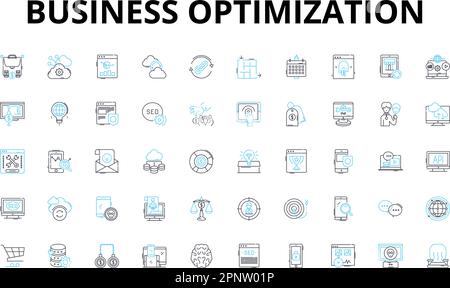 Business optimization linear icons set. Efficiency, Productivity, Profitability, Streamlining, Automation, Innovation, Scaling vector symbols and line Stock Vector